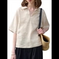 thumbnail image 3 of Camisas de Cuello en V para Mujer, Blusas Casuales de Corta con Solapa y Bolsillos Dobles. Beige L, 3 of 10