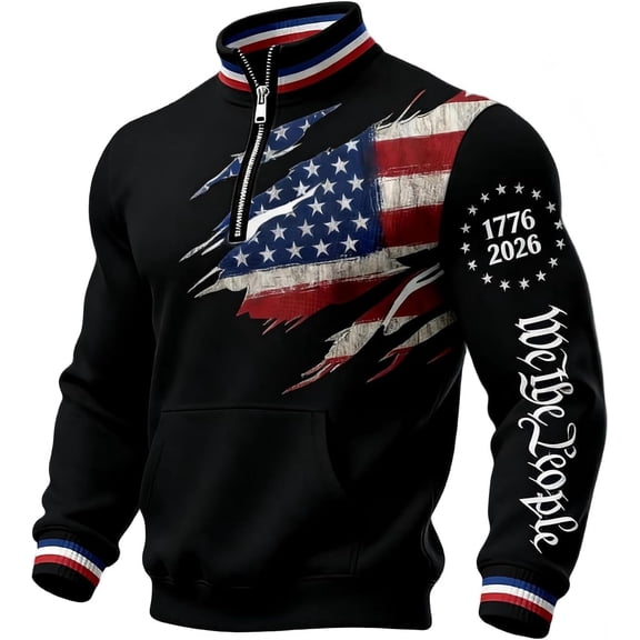 Men's Patriotic Half-Zip Sweatshirt, We The People Pullover Stand Collar Casual Athletic Sweatshirt with Pocket, 4th of July Sweatshirt