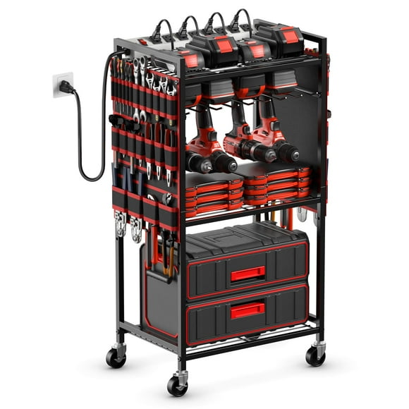 Carrito organizador de herramientas eléctricas JUNNUJ, tamaño grande, con estación de carga