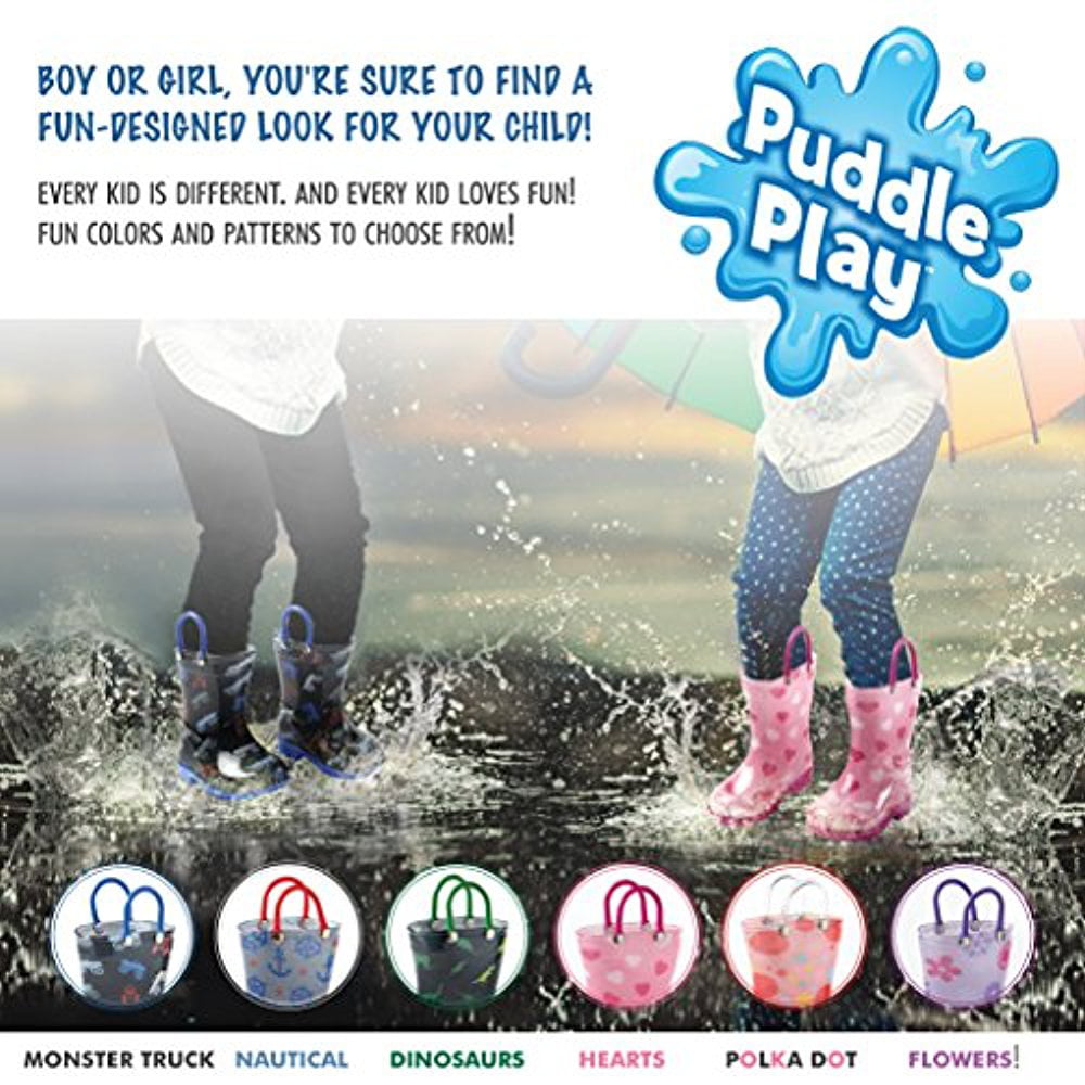 by Puddle Play Boys and Girls Colors and Designs Toddler and Kids Rain Boots with Easy On Handles 