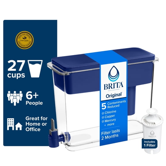 Brita 27-Cup Extra Large Plastic Water Filtration Dispenser, Blue, BPA Free with 1 Standard Brita Filter
