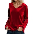 thumbnail image 2 of Womens Tops Boho Solid Color Autumn Winter Velvet Long Sleeved V Neck Loose T Shirt Top Casual Blouses, 2 of 4