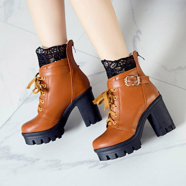 Lsljs Women s High Heels Ankle Boots Fashion Women s Thick High Heel Lace Up Ankle Boots Platform Lace Student Shoes Women s Ankle Boots Booties B