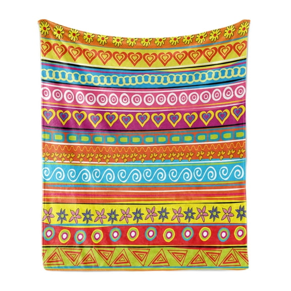 Colorful Soft Flannel Fleece Throw Blanket, Horizontal Striped Pattern with Heart Circles Spirals and Flowers Artprint, Cozy Plush for Indoor and Outdoor Use, 60" x 80", Multicolor, by Ambesonne
