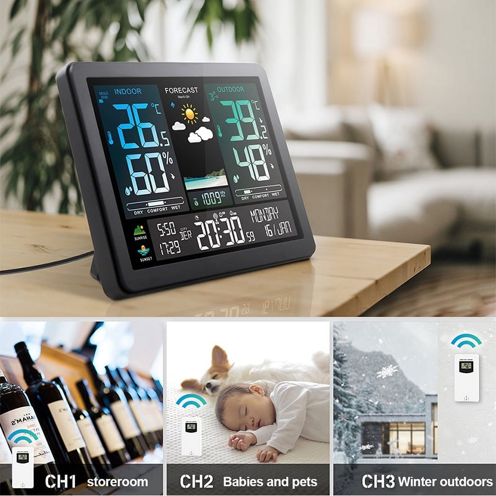 Multifunction Weather Station Alarm Clock Color Screen Sunrise and Sunset Thermometer Hygrometer with Wireless Outdoor Sensor ,High Precision