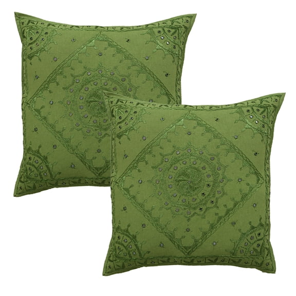 Stylo Culture Indian Chair Seat Throw Pillow Covers 24 x 24 Big Hand Embroidered Parrot Green Bohemian 60x60 cm Home Decor Cotton Mirrored Square Cushion Covers | Set Of 2