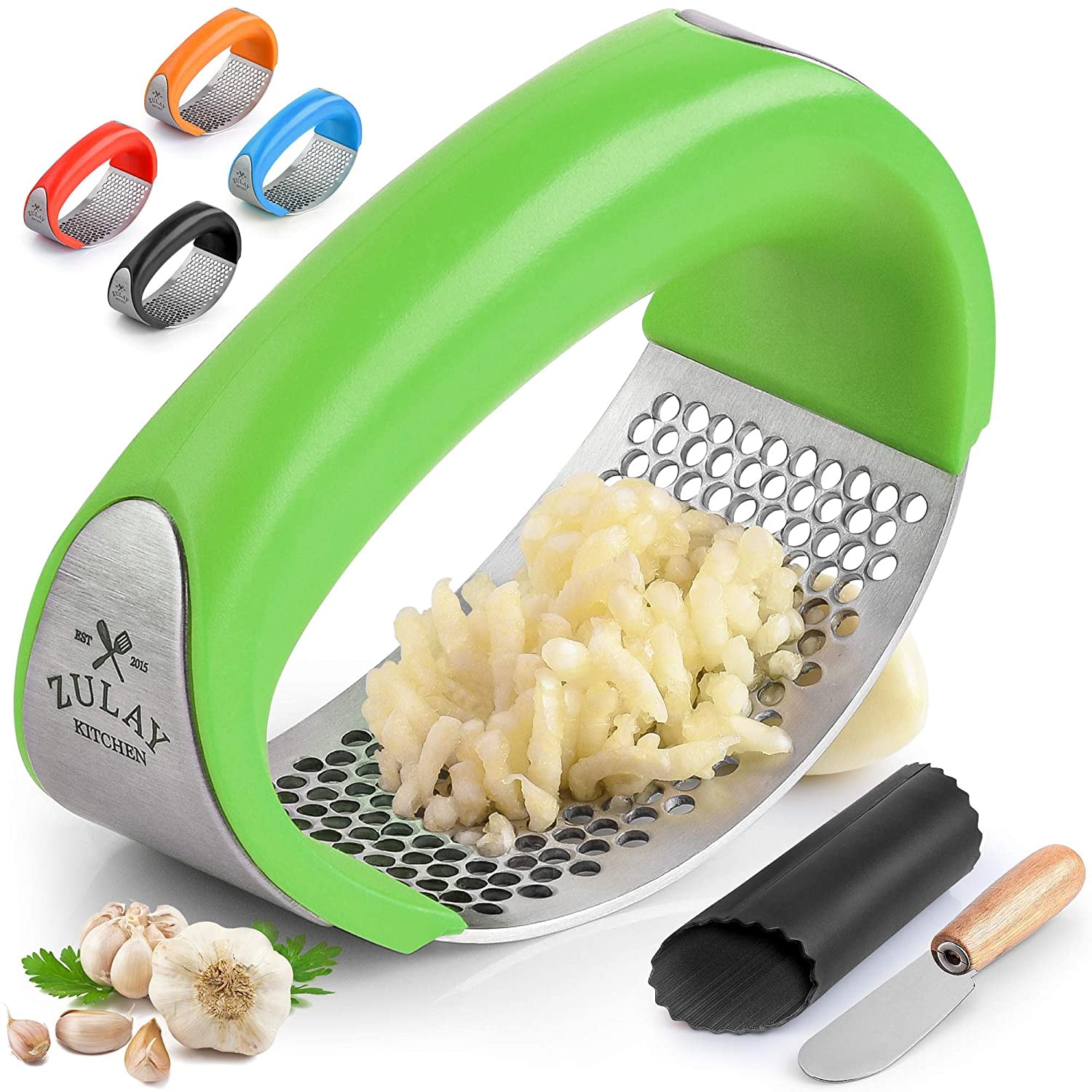 Zulay Kitchen Premium Garlic Press with Soft, Easy to Squeeze Handle -  Includes Silicone Garlic Peeler & Cleaning Brush - 3 Piece Garlic Mincer  Tool 