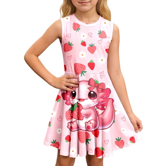 Hihipz Big Girls Dress Cute Cartoon Print Sleeveless Crew Neck Dresses Kids Girls Summer Casual Sweet Playwear Dress,Sizes 3-16