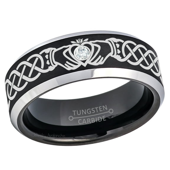 Claddagh Tungsten Ring - 2-Tone Beveled Tungsten Carbide Wedding Band - 0.07ct Diamond Tungsten Ring - Personalized Tungsten Wedding Ring - Custom Made April Birthstone Ring TN667CLDs7