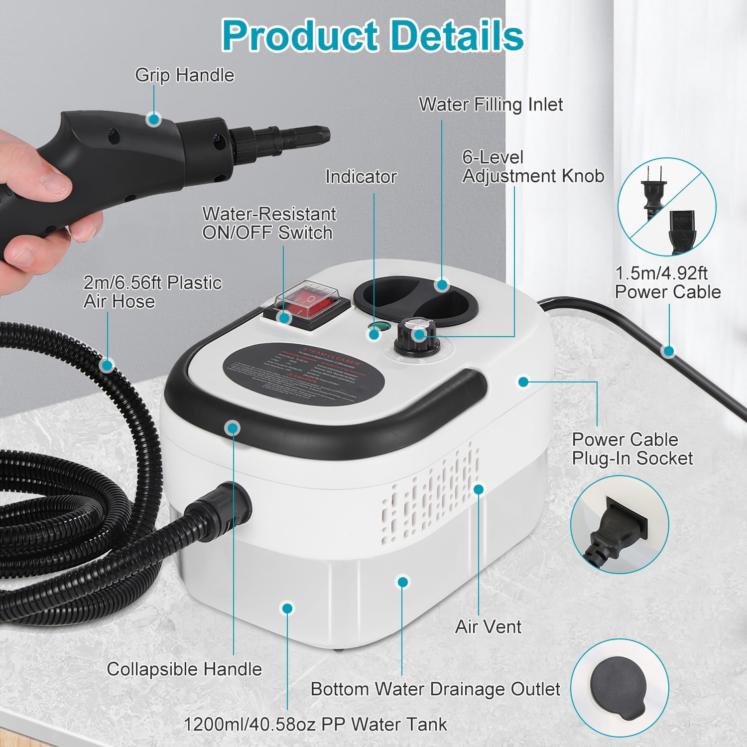High Pressure Steam Cleaner 3Bar 212℉, 6 Adjustable Steam Levels with Multi-Accessories, 1200ml Tank Portable Steam Cleaning Machine for Kitchen Floor Window