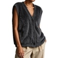 thumbnail image 2 of Womens Solid Fuzzy Knit Vest V Neck Button Front Sleeveless Cardigan Loose Fit Knitted Waistcoat Casual Layering Sweater Vest Gray 2XL, 2 of 5