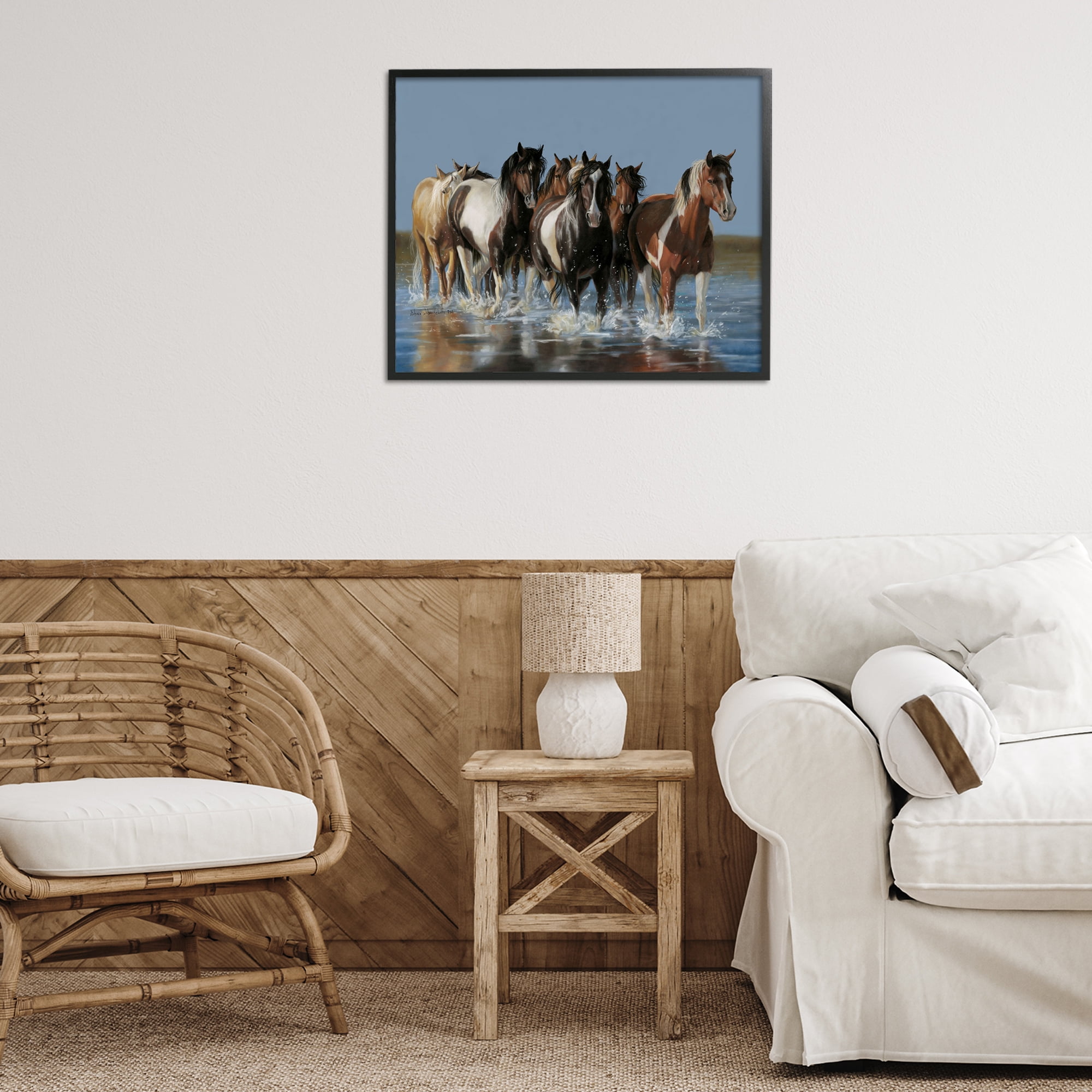 Stupell Industries Horses Running Through River Animals & Insects Painting Black Framed Art Print Wall Art, 30 x 24