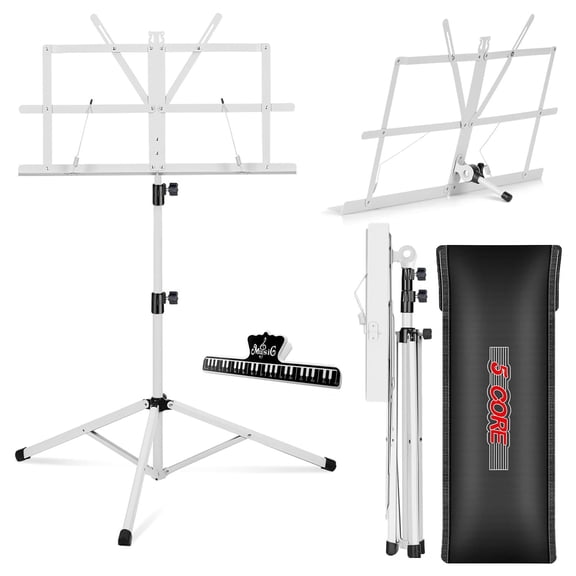 All-Metal Adjustable Music Stand, Portable Foldable Sheet Holder with Wide Tray & Carrying Bag for Sheet Music, Books, Tablet