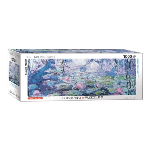 rompecabezas de arte waterlilies 1000 pzas claude monet eurographics Rompecabezas de 1000 piezas con la imagen Waterlilies de Claude Monet; caja panorámica frontal que muestra el motivo multicolor de nenúfares y reflejos en tonos azul y lavanda, marca Eurographics y marca de 1000 pzas; a menudo usado para sesiones de armado en mesa grande.