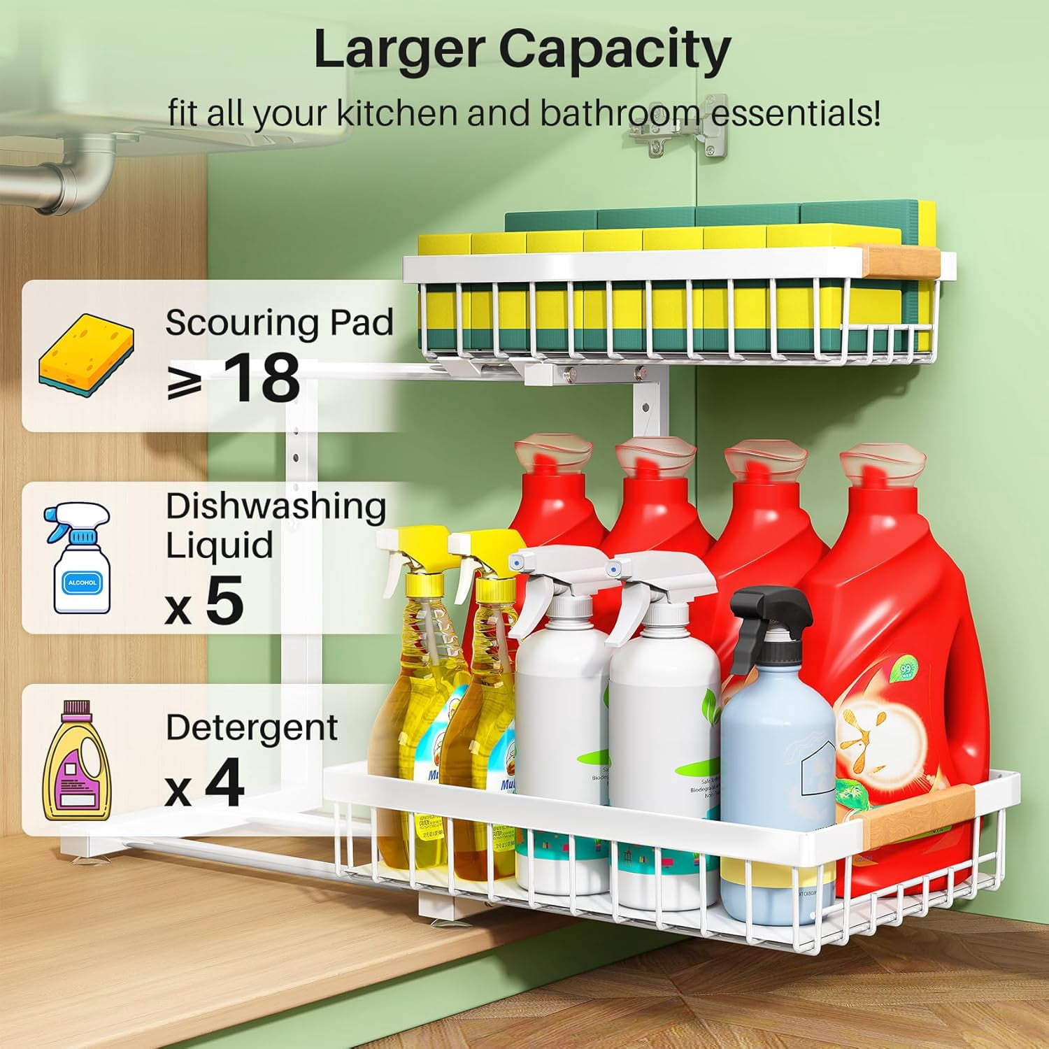 Under Sink Organizer, 2 Tier Under the Sink Storage, Slide out Pull out Cabinet Organizer Shelf, Metal Sliding Drawer for Kitchen Bathroom Pantry Closet Organization Rack