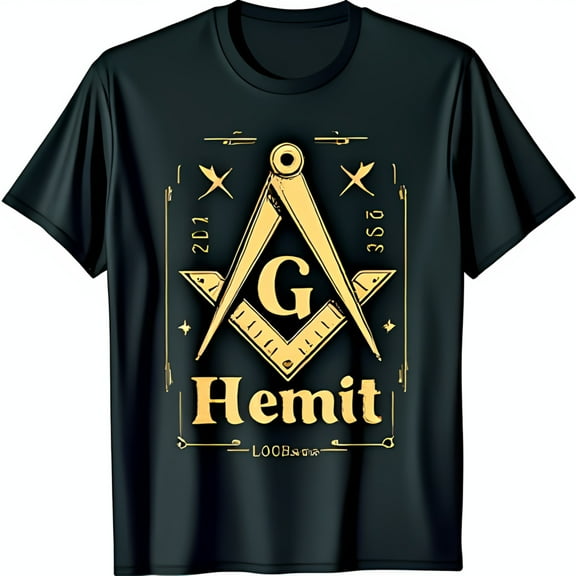 Men's Black T-Shirt with Gold Masonic & Square Design 'Hemit LOC8'