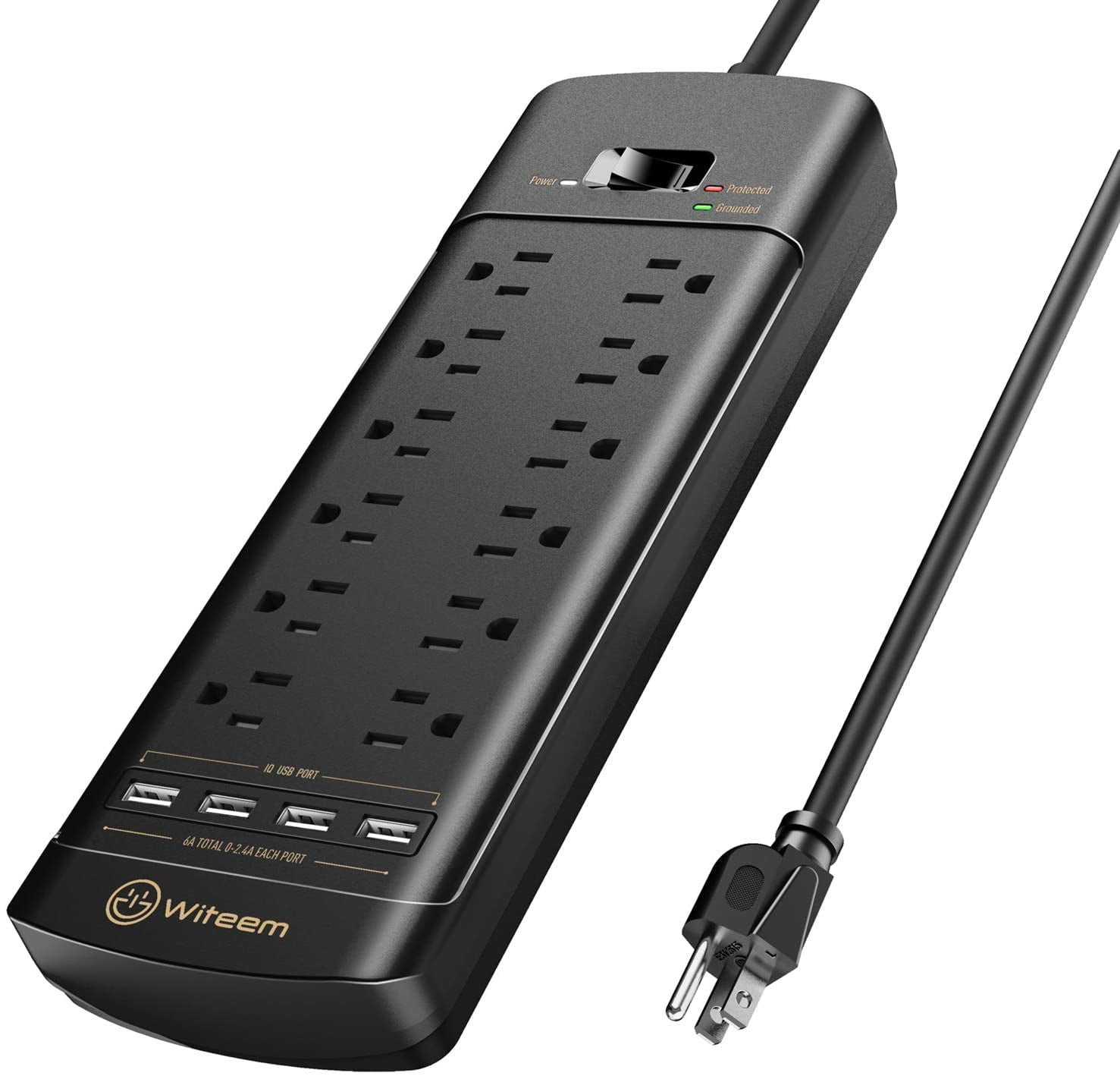 Surge Protector, Witeem Power Strip with 12Outlet (1875W/15A,4360Joules) and 4 USB Charging