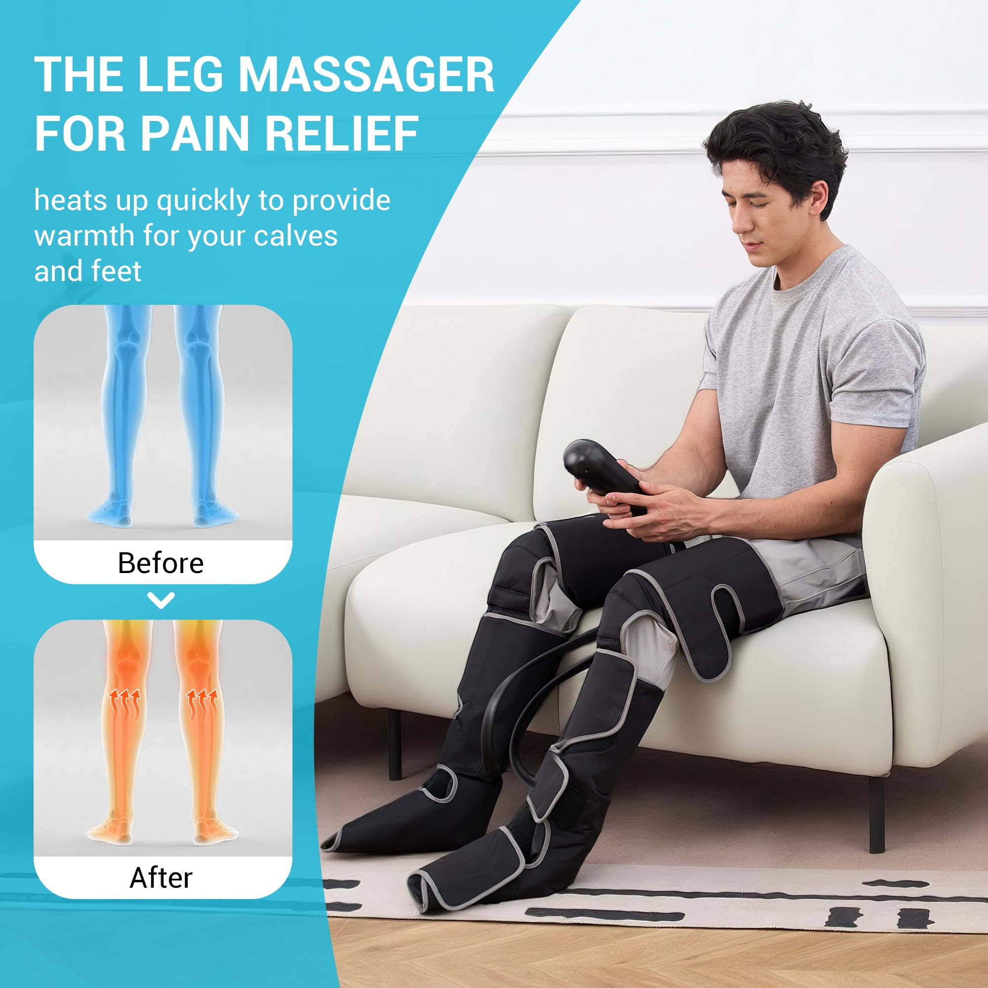 MYNT Leg Massager with Heat and Compression for Foot, Calf, and Thigh Circulation, 5 Modes, Plus Size, Black