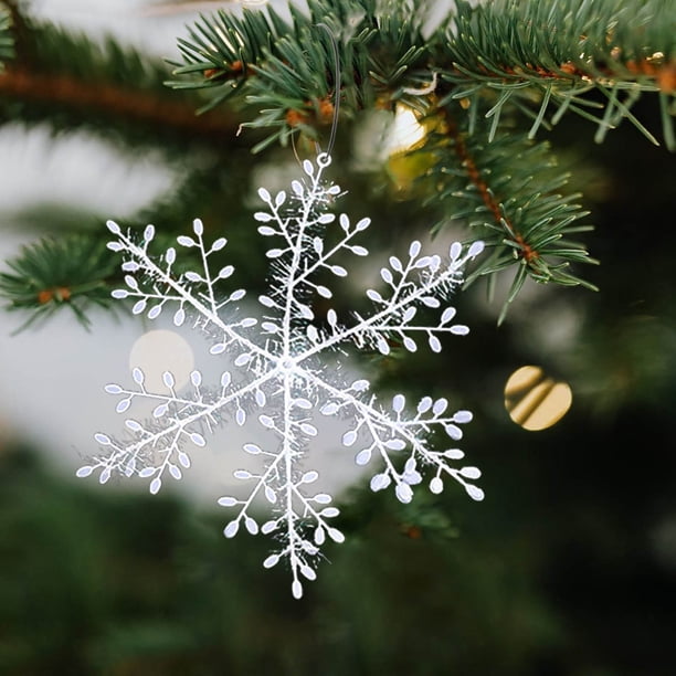 24 Flocons De Neige Décoration Sapin De Noël Scintillants Avec Cordes - Blanc Et Argent