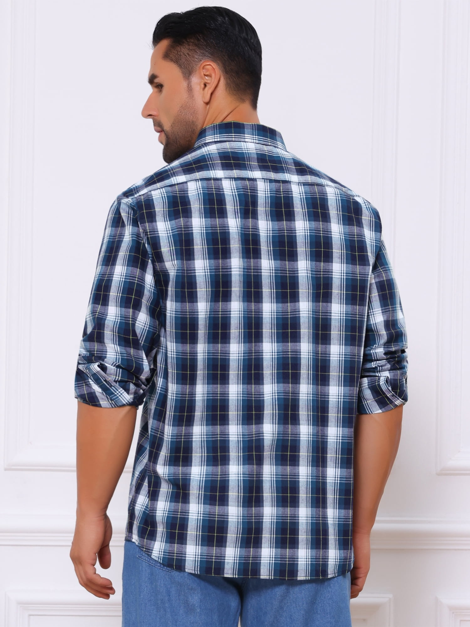 DARING DIVA Men's Long Sleeve Checked Shirt Point Collar Button Plaid Shirt M Navy Black