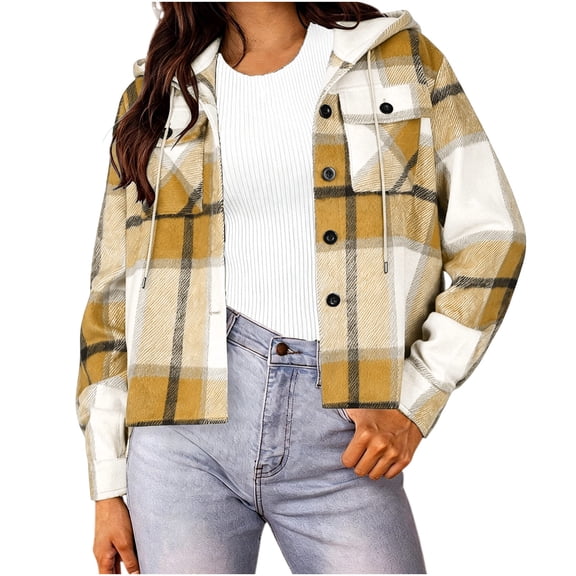 Flannel Jacket for Women Trendy Fleece Lined Button Down Plaid Shacket Long Sleeve Hooded Jackets Fall Winter Pocket Coat