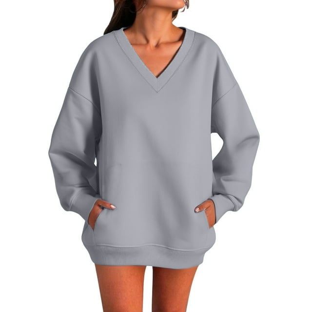 Women's Autumn Fashion Plus Loose V Neck Sweatshirt With Side Pockets