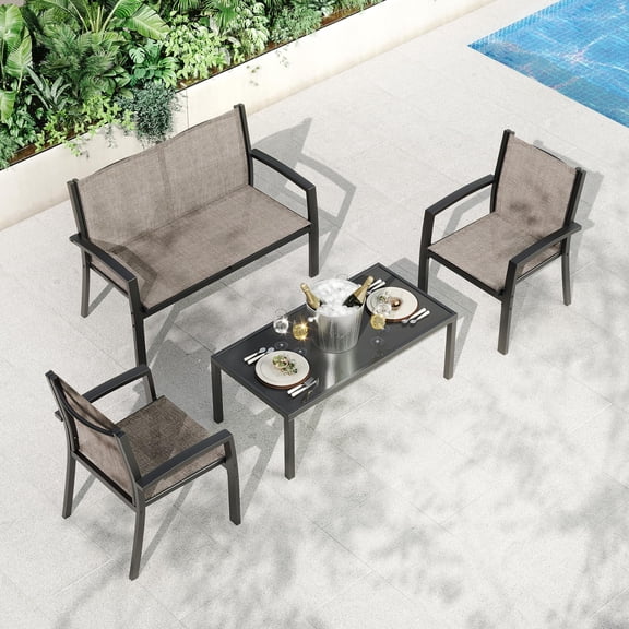 Kicctian 4-Piece Patio Furniture Set – Outdoor Conversation Set with Loveseat, 2 Chairs & Coffee Table, Metal Textilene Seats for Porch, Backyard, Balcony, Poolside,Light brown