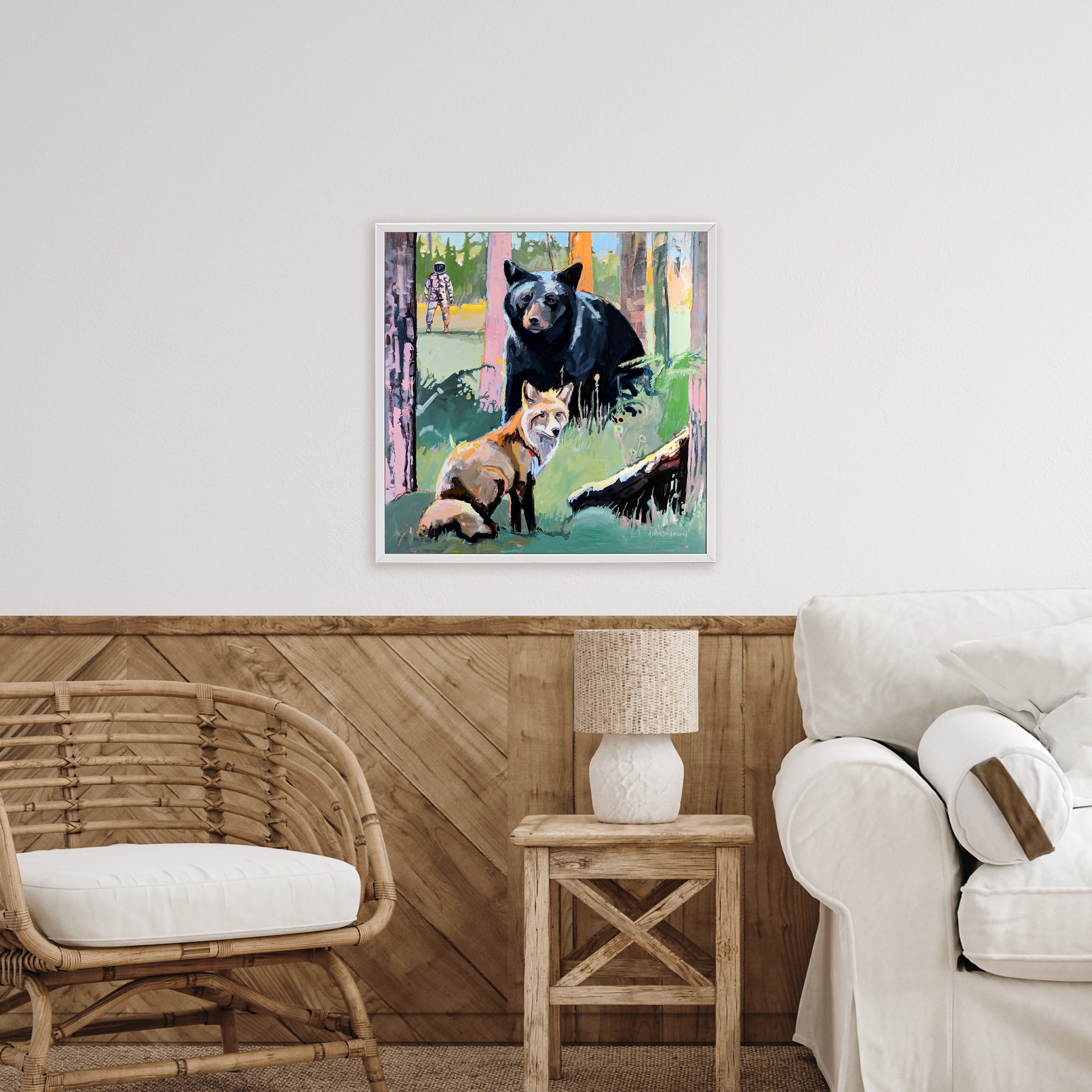 Forest Animals in Deep Space White Framed Giclee Art, design by Adam Swanson