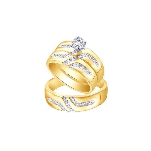 AFFY White Natural Diamond Engagement & Wedding Trio Band Ring Set In 10k Yellow Gold