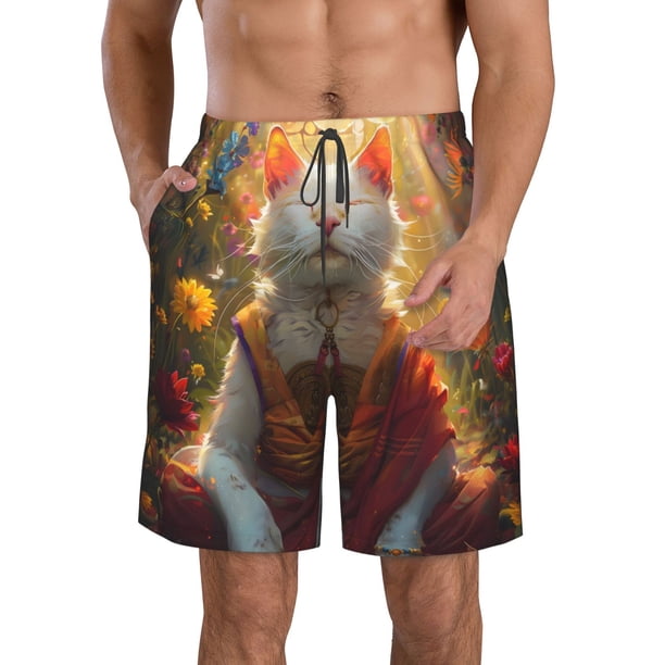 Fotbe Sunshine Flower Meditating Cat Trajes de Baño Estampados para Hombre, Shorts de Verano de Secado Rápido, Ropa de Playa, Bañadores-Large