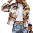 thumbnail image 2 of Chaqueta Corta de Franela de Larga con Solapa para Mujer, Camisa A Cuadros con Botones, Prendas de Abrigo de Otoño Caqui XL, 2 of 7