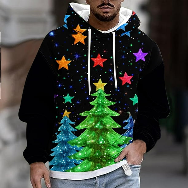 Sudadera con capucha para hombre, estilo casual, con cuello redondo, estampado de árbol de Navidad, manga larga, blusa de poliéster