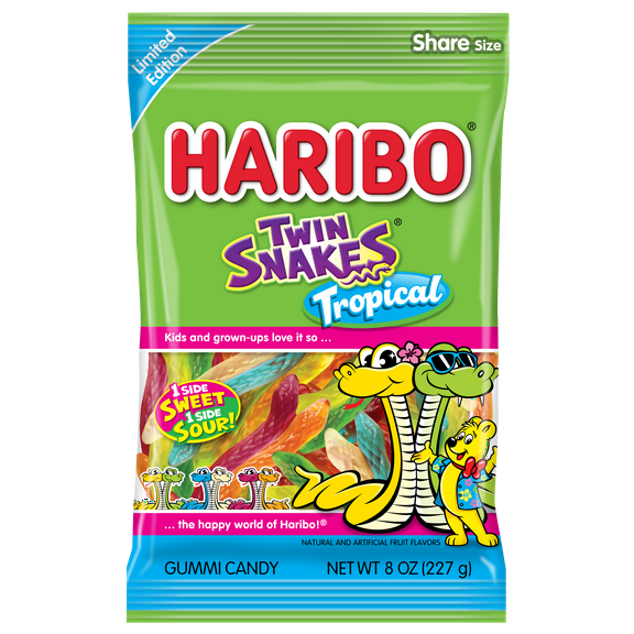 Harbio Twin Snakes Gummies Tropical Gummy Candy, 8oz, Share Size Peg Bag