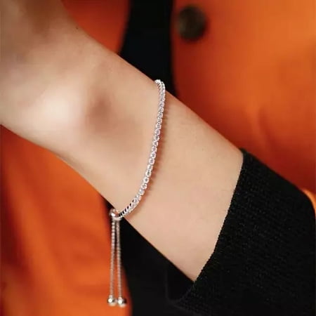 Delicate 8 Ct Round Cubic Zirconia Tennis Bolo Bracelet, 18k White Gold Over Sterling Silver, Elegant Women's Adjustable Jewelry