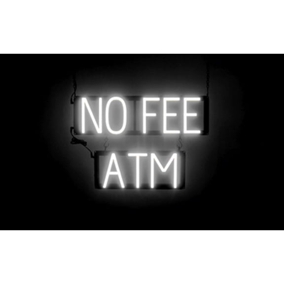SpellBrite NO FEE ATM LED Sign for Business. 21.5" x 15.0" White NO FEE ATM Sign Has Neon Sign Look With Energy Efficient LED Light Source. Visible from 500+ Feet, 8 Animation Settings.