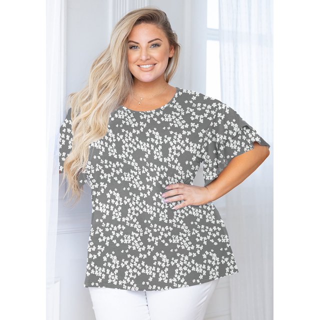 MODERN GOOSE Plus Size Clothes for Women Double Ruffle Short Sleeve Grey Sakura 2X Tunic Shirt Summer Tops Loose Fitting Clothing