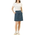 thumbnail image 2 of INSPIRE CHIC Women's Denim Skirts Solid Color A-Line Raw Hem High Waist Button Front Casual Jean Skirt XS Dark Blue, 2 of 7