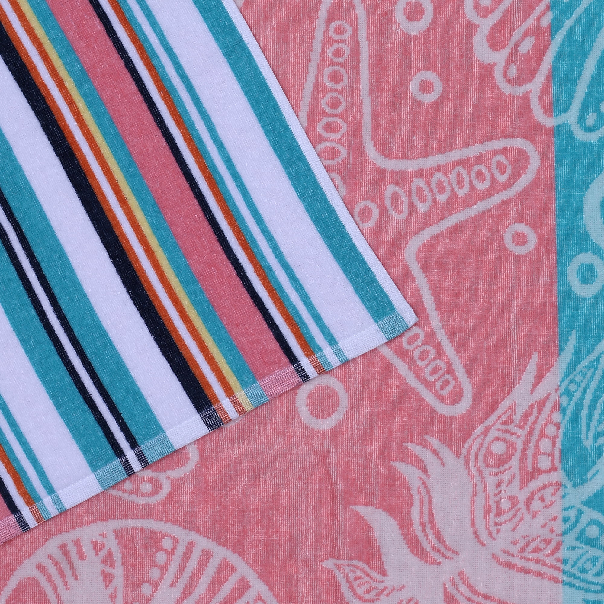 Mainstays 2pk Cotton Beach Towel, 58 x 28 in, Coral Starfish & Stripes
