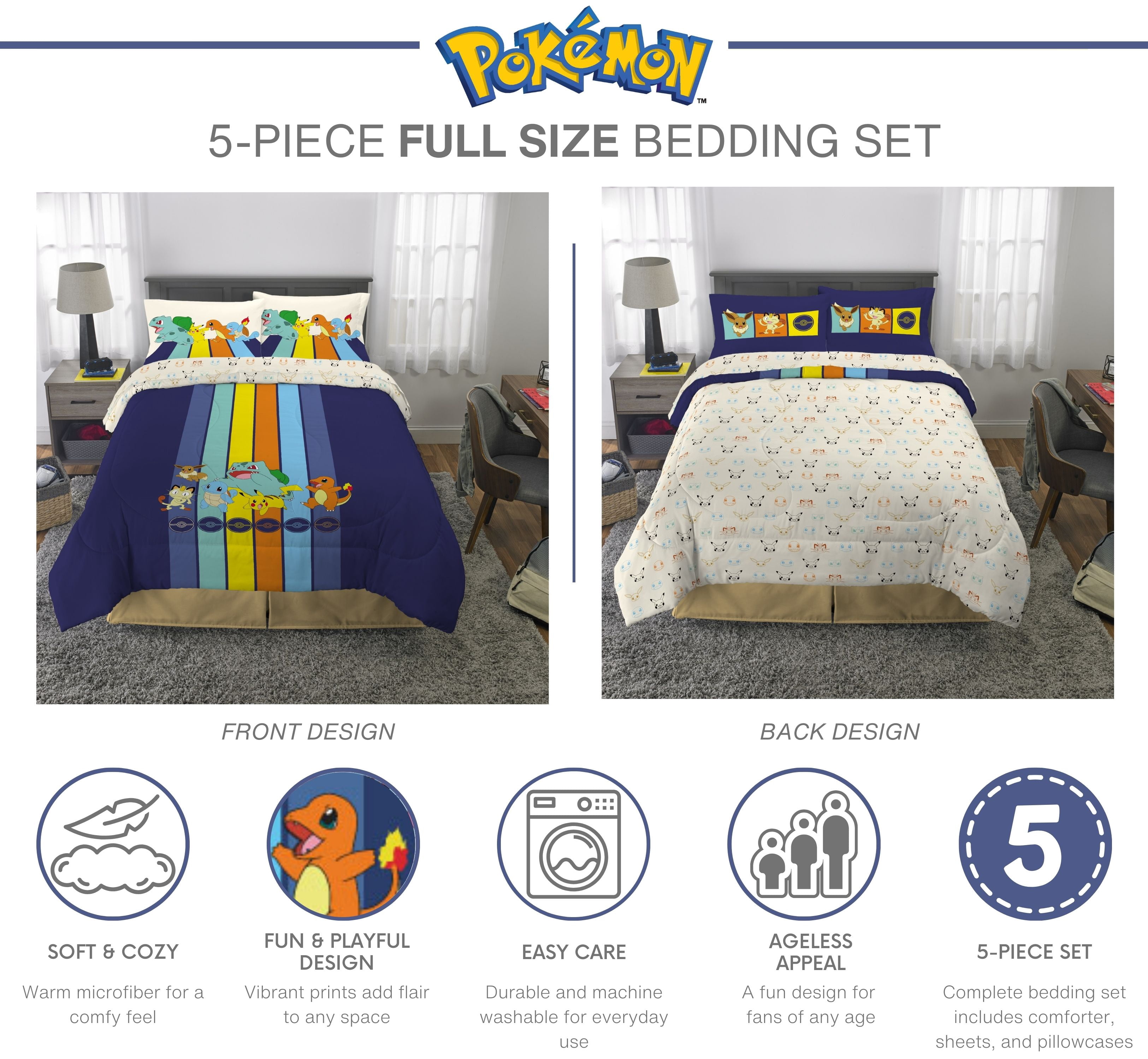 Pokemon Kids 5 Piece Reversible Comforter, Pillowcase, and Sheet Set, Full