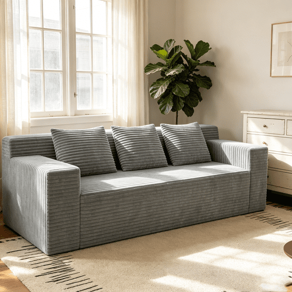71" Striped Faux Fur 3-Seater Sofa, No Assembly Modular Couch, Comfy Cloud-Like Loveseat for Living Room Bedroom Apartment, Light Grey