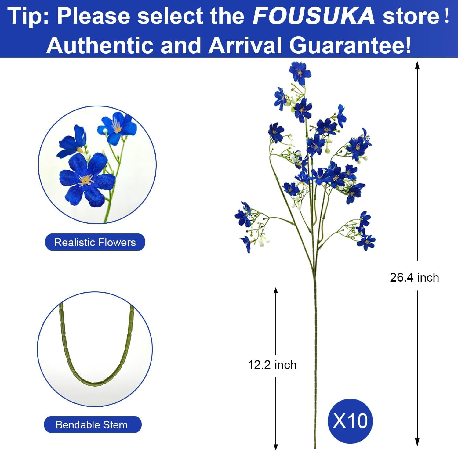 Silk Flowers with Long Stems Artificial Flower for Tall Vase Outdoors Fake Babys Breath Bouquet Faux Floral Wedding Party Decoration Home Indoor Table Centerpiece Decor (Blue)