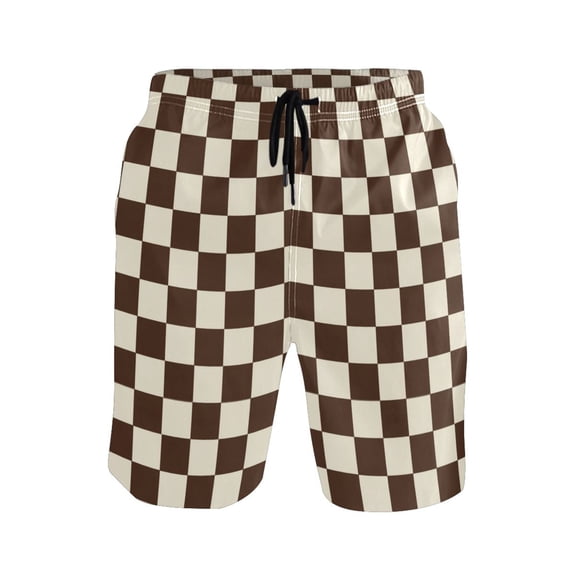 Men's Beach Shorts Quick Dry Shorts for Summer Pool and Casual Wear Brown and Cream Checkered Small