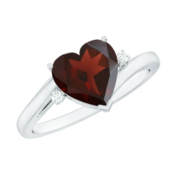 Rosec Jewels Heart Garnet Solitaire Promise Ring with Diamond, Minimal Heart Ring - 6 mm, 925 Sterling Silver, US 4.00