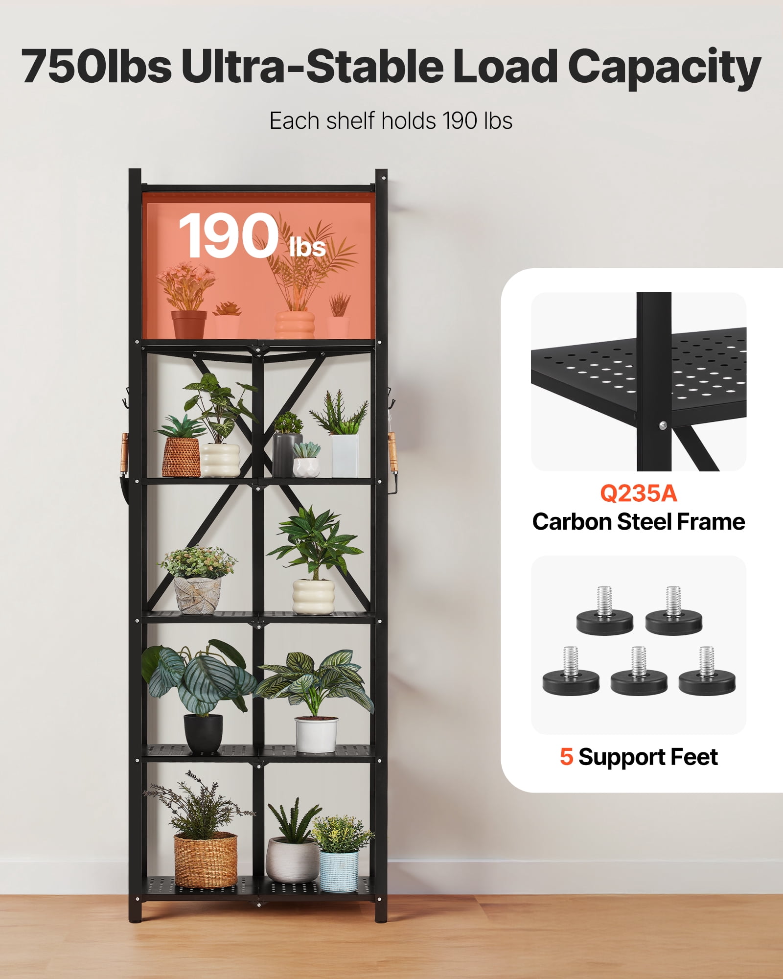 VEVOR 6-Tier Foldable Storage Shelf, 24W x 12D x 72H Inch Folding Metal Rack Shelving Unit, No Assembly Organizer Shelf with 5 Wheels & 4 Hooks for Pantry, Kitchen, Garage, Basement, Black
