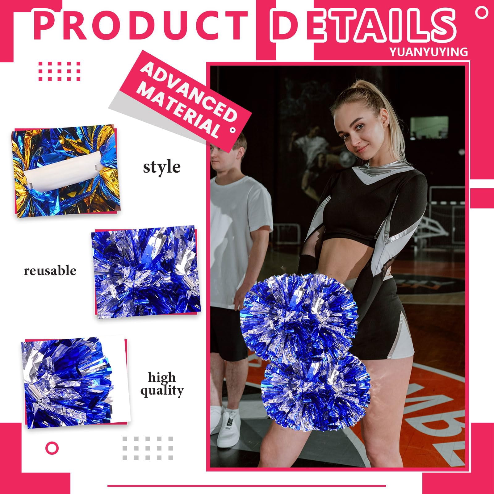 Pom Poms Cheer 14 Pcs with Handle, Cheerleading Handheld Squad Pompoms for Sports Team Spirit Games Dance Party Adults