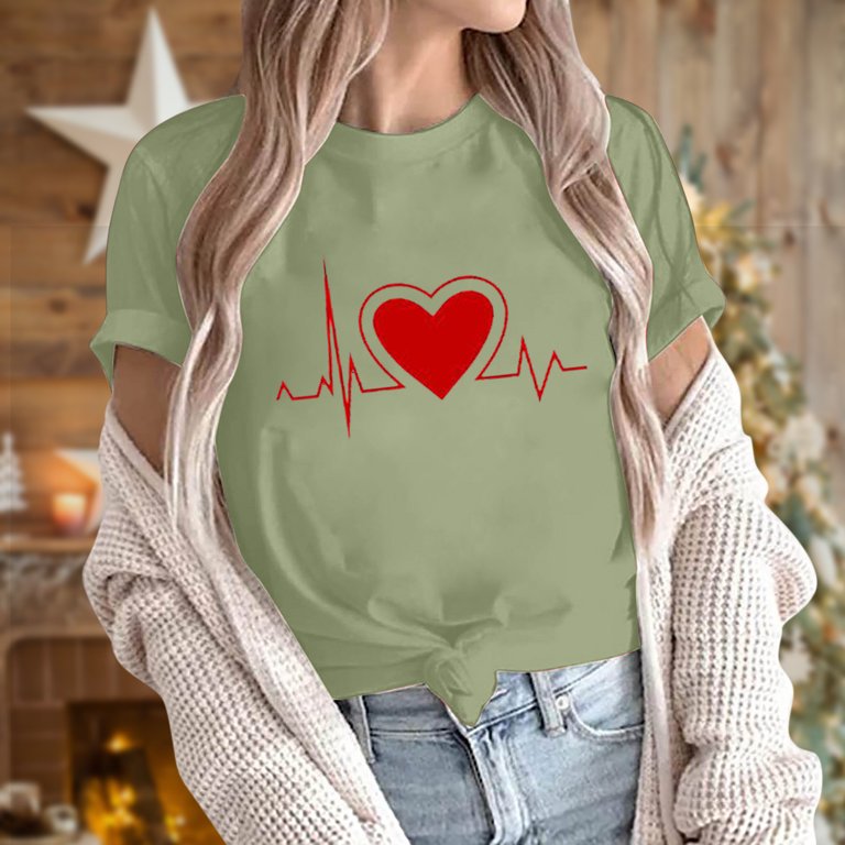 ZQGJB Love Heart Pattern Tops for Women Casual Short Sleeve