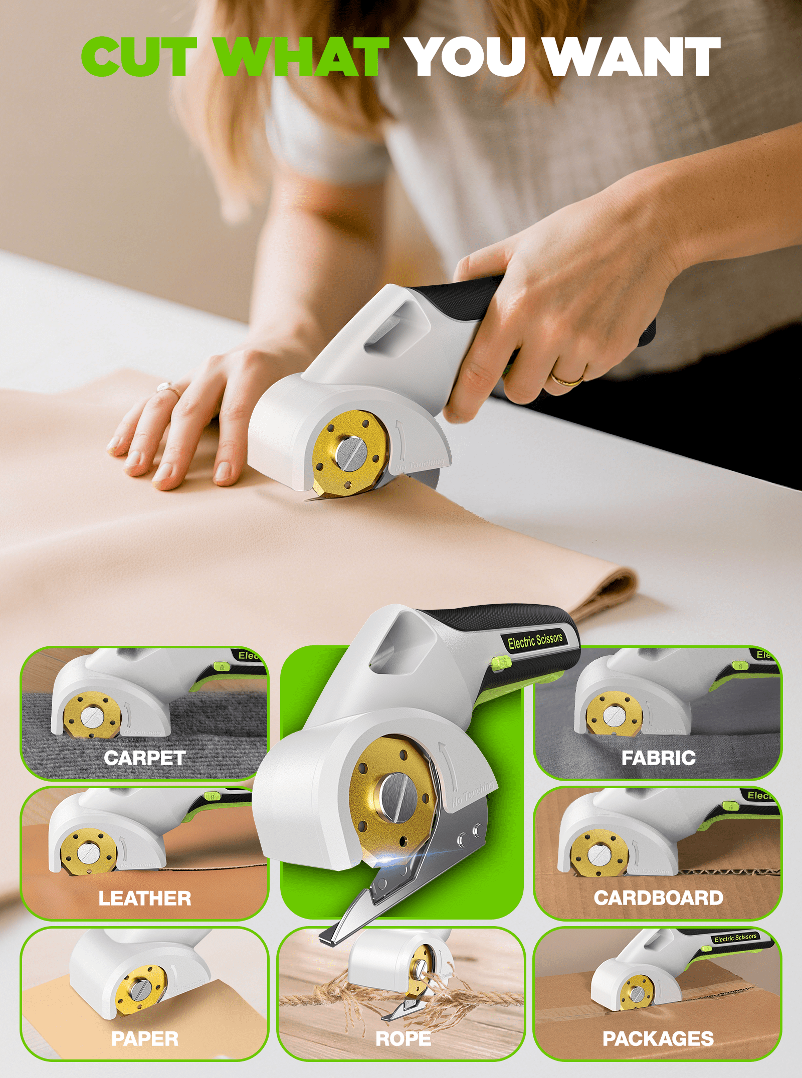 PATODOR 4V Cardboard Cutter, Cordless Electric Scissors Cutting Tools, Rotary Cutter for Fabric, 2 Titanium Blades, Safety Lock, for Carpet, Leather