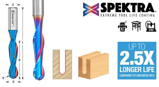 Amana Tool 46369-K SC Spektra Extreme Tool Life Coated Double Flute Up-Cut Ball Nose Spiral 1/16 R x 1/8 D x 1/2 CH x 1/4 SHK x 2 Inch Long Router Bit