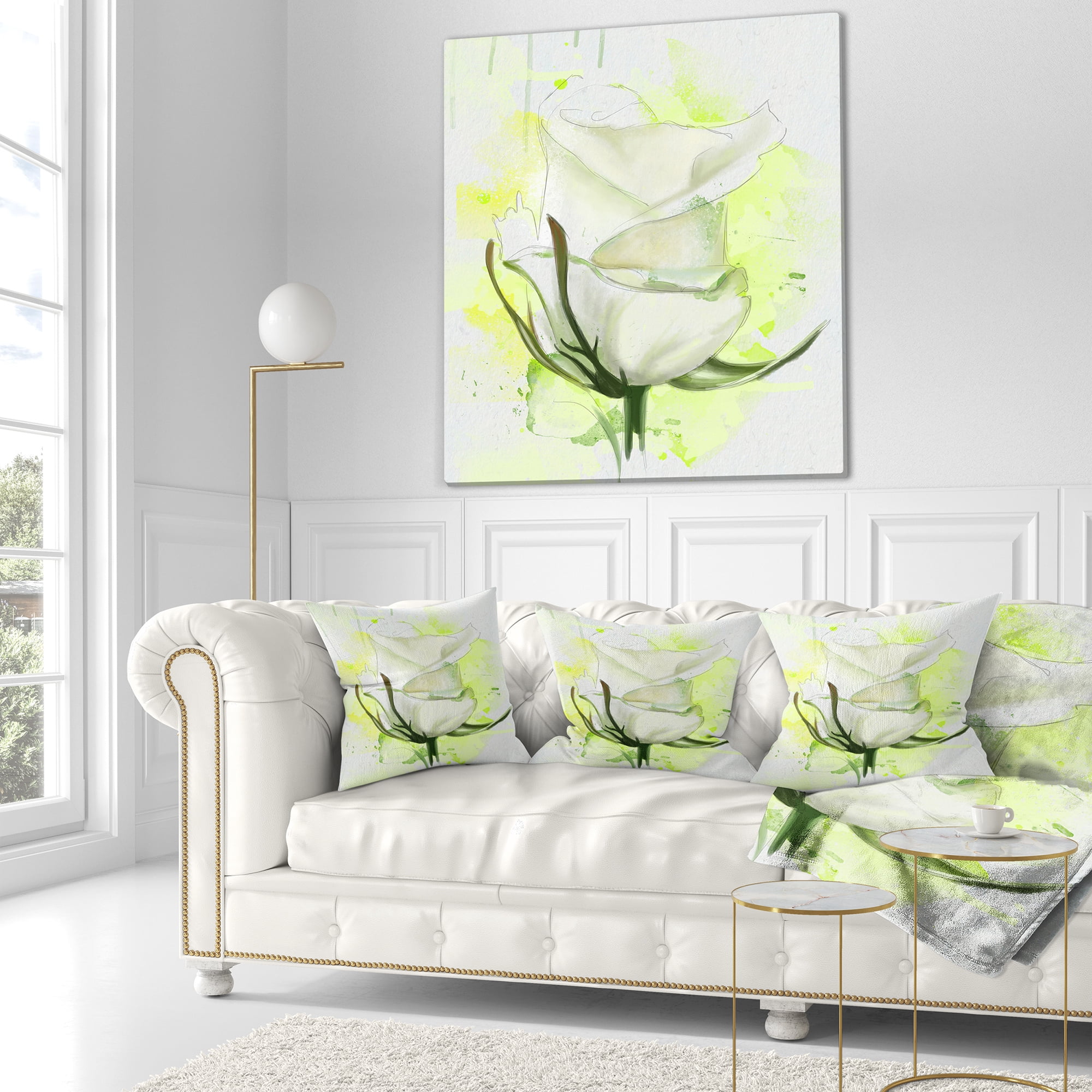 Designart White Roses Watercolor Sketch - Floral Throw Pillow - 16x16