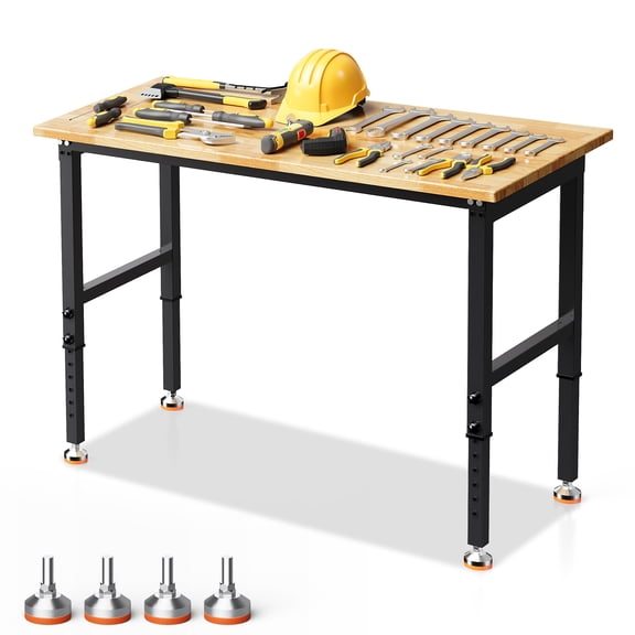 Joywind Heavy-Duty 48" Adjustable Height Workbench for Garage, Rubberwood Work Table with Locking Wheels & 2000 lb Weight Capacity